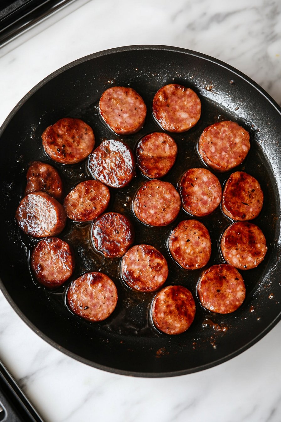 This image shows sliced smoked sausage being cooked in a skillet, turning golden brown and crispy on the edges, creating a savory base for the smoked sausage and rice dish.