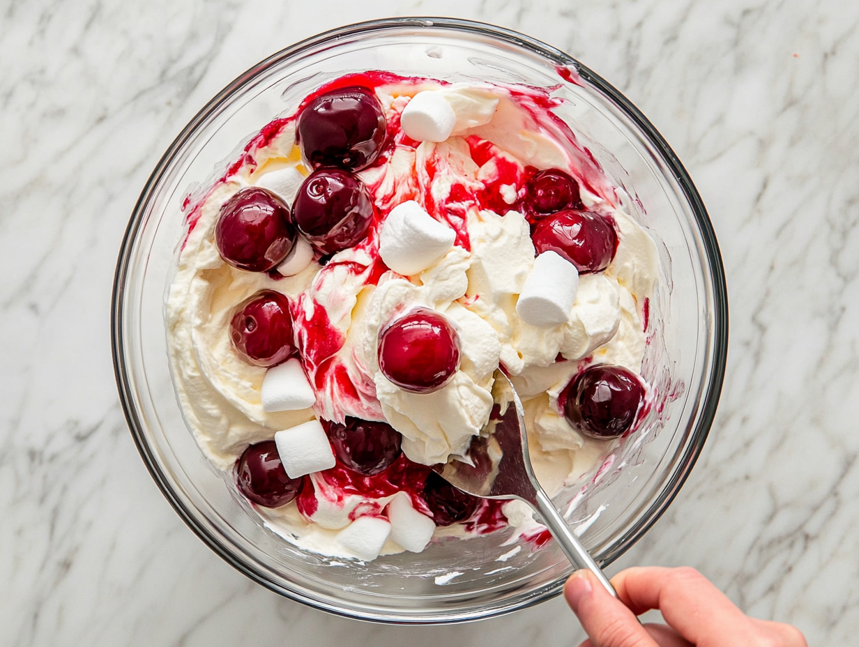 This image shows a serving of cherry cheesecake fluff, featuring a smooth and fluffy cheesecake filling mixed with cherry pie filling and mini marshmallows, creating a light and sweet dessert perfect for any occasion.