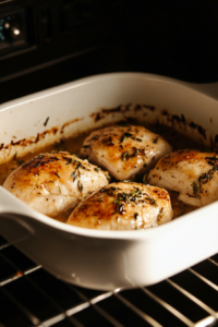 chicken breasts baking in preheated oven until golden brown and fully cooked