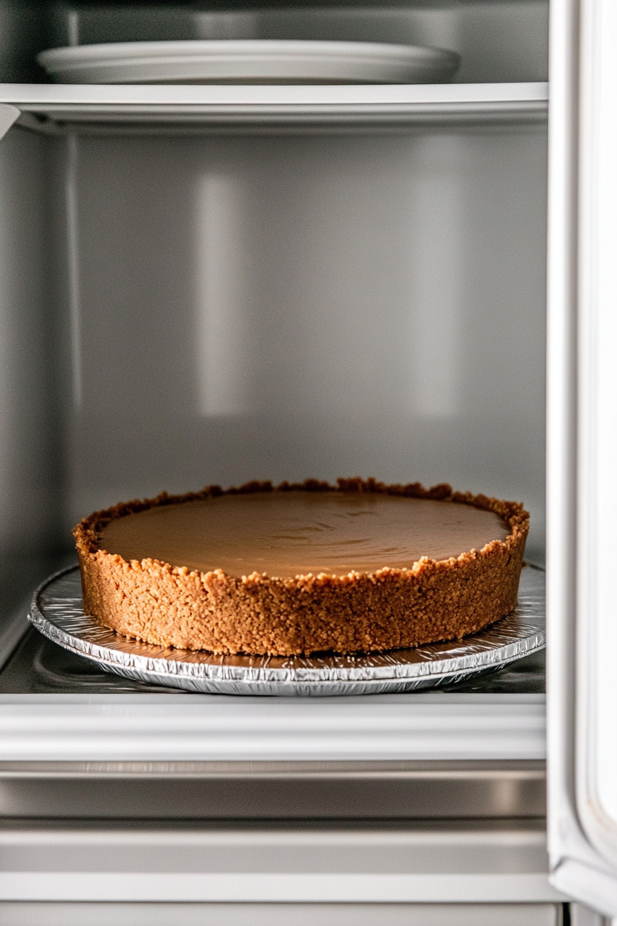 This image shows the assembled peanut butter pie chilling in the refrigerator, allowing it to set before serving.