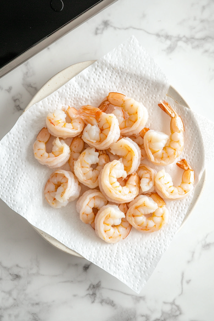 This image shows fresh shrimp being cleaned and peeled, removing the shells to prepare them for seasoning and cooking.