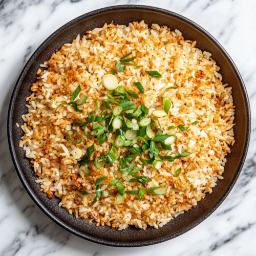 This image shows a close-up view of Bobby Flay's golden crispy rice, showcasing its crunchy exterior and tender inside, garnished with fresh scallions.