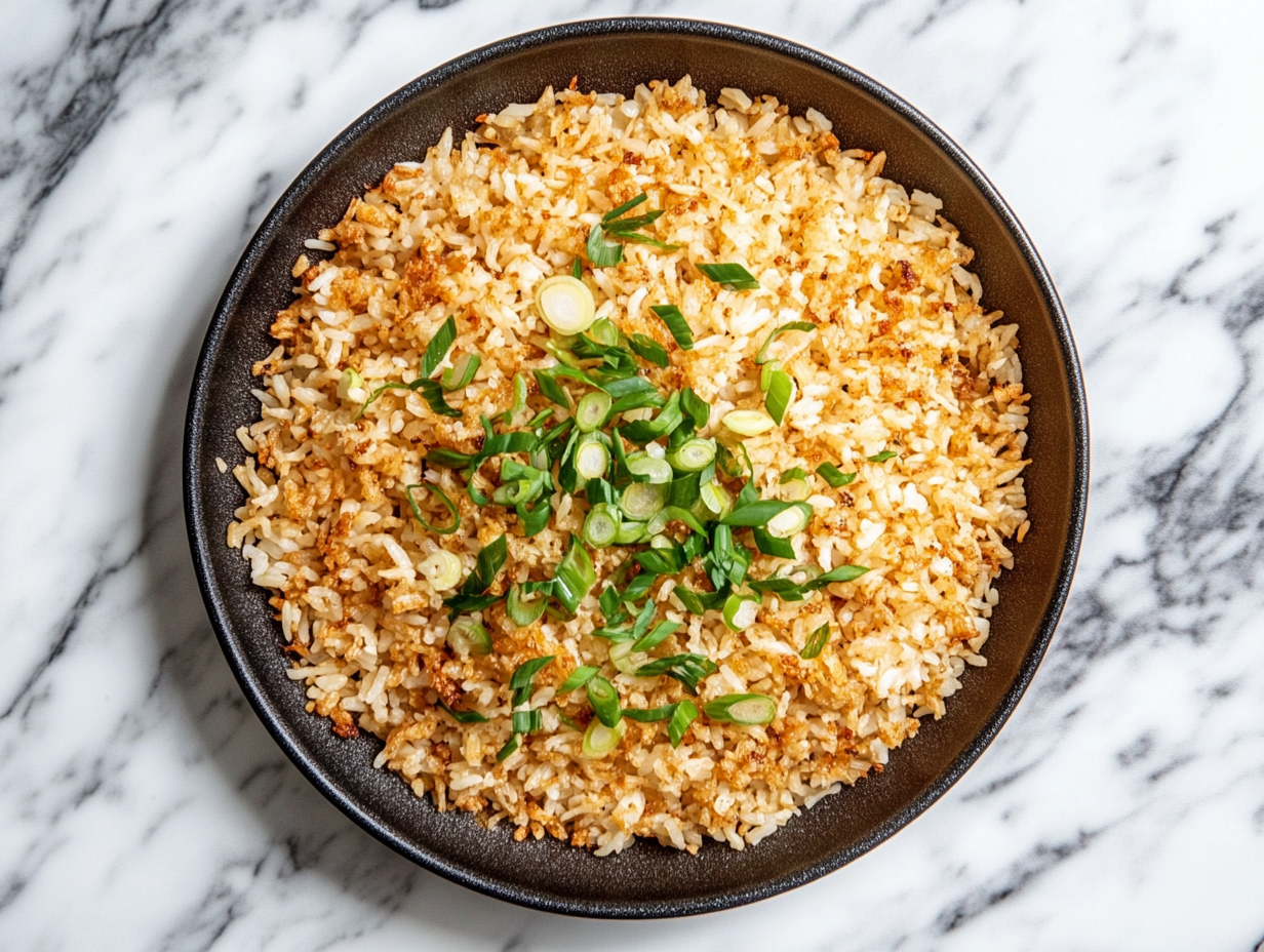 This image shows a close-up view of Bobby Flay's golden crispy rice, showcasing its crunchy exterior and tender inside, garnished with fresh scallions.