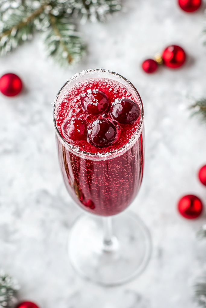 This image shows a close-up of a sparkling Christmas mimosa in a champagne flute, adorned with festive garnishes like sugared cranberries and rosemary, perfect for holiday celebrations.