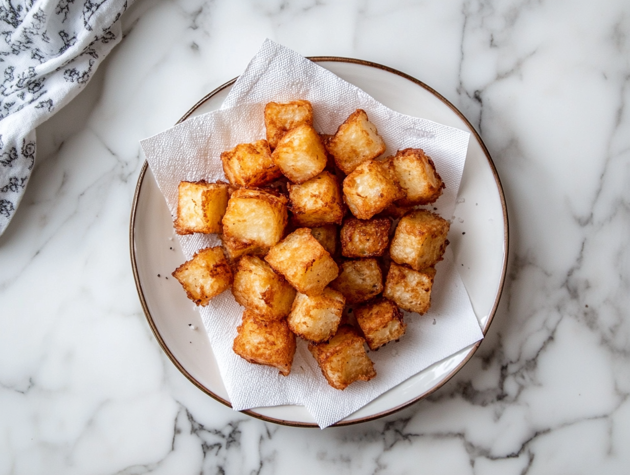 This image shows a close-up view of golden brown cubed hashbrowns with a crispy exterior and soft, tender interior, making them an ideal side dish.