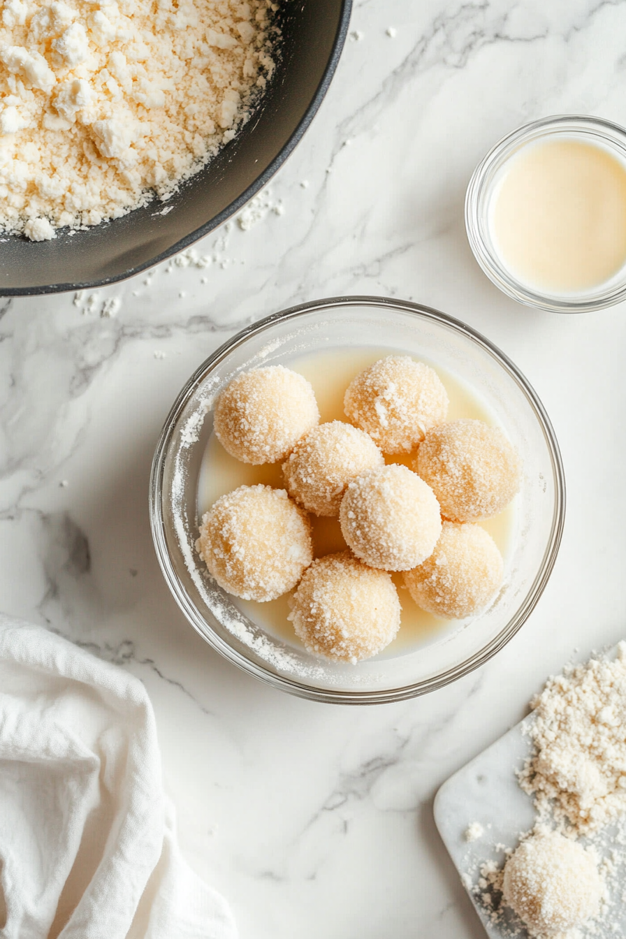 This image shows the frozen cheese balls being first rolled in flour, then dipped into the egg and milk mixture, and finally coated with seasoned bread crumbs, preparing them for frying.