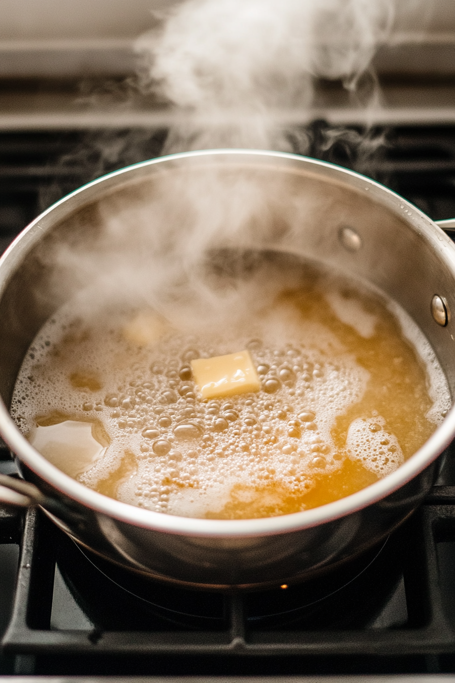 This image shows the process of combining butter, water, milk, and sugar in a large saucepan, beginning the preparation of the choux pastry for making French crullers.