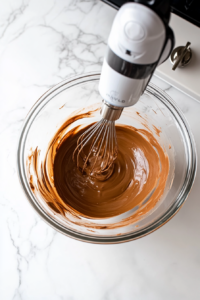 This image shows Nutella, sweetened condensed milk, and double cream being combined in a large mixing bowl, forming the rich base for homemade Nutella ice cream.