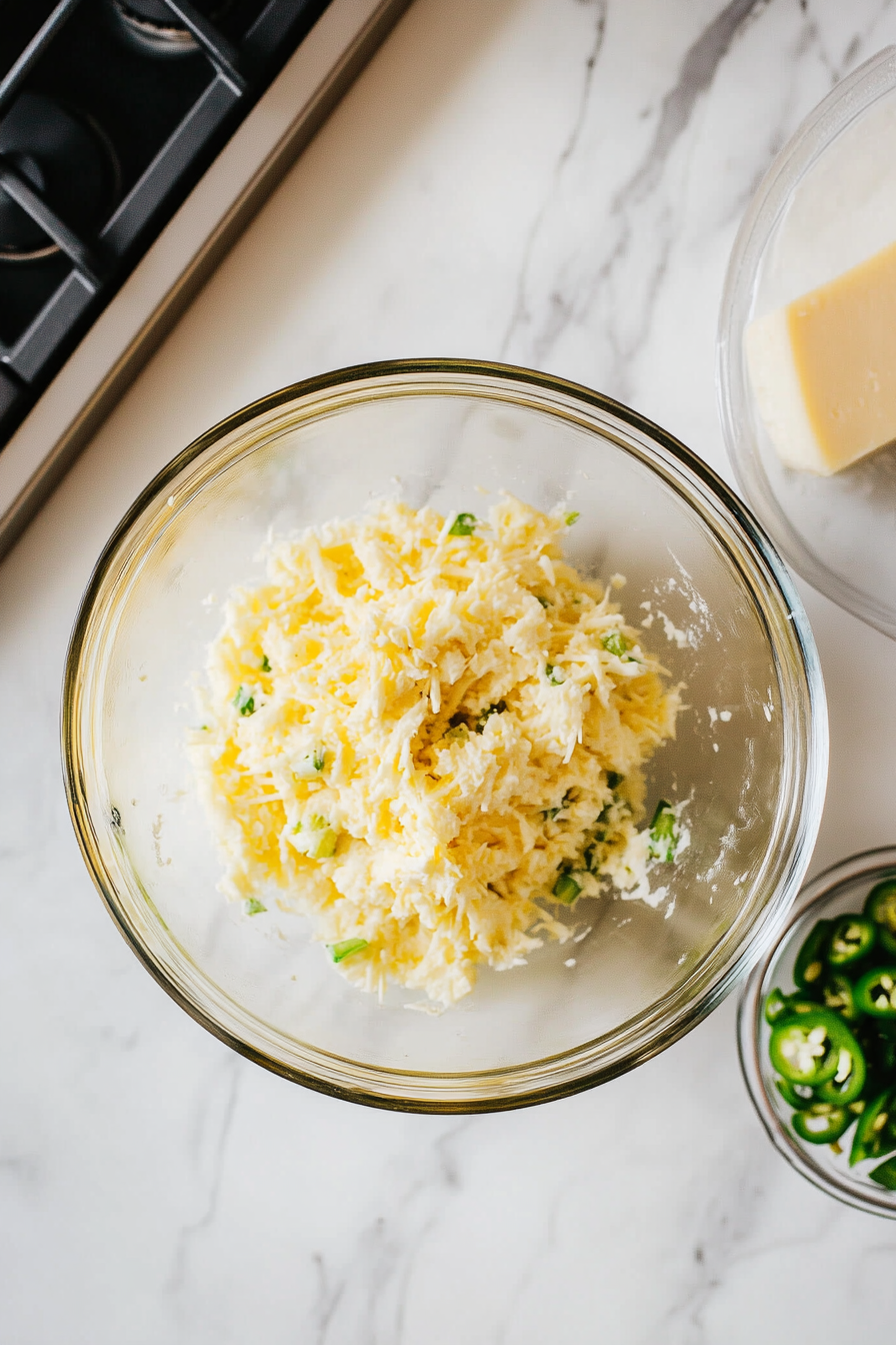 This image shows shredded Pepper Jack cheese and diced jalapeños being mixed together in a large bowl, creating the flavorful cheese mixture for the rattlesnake bites.