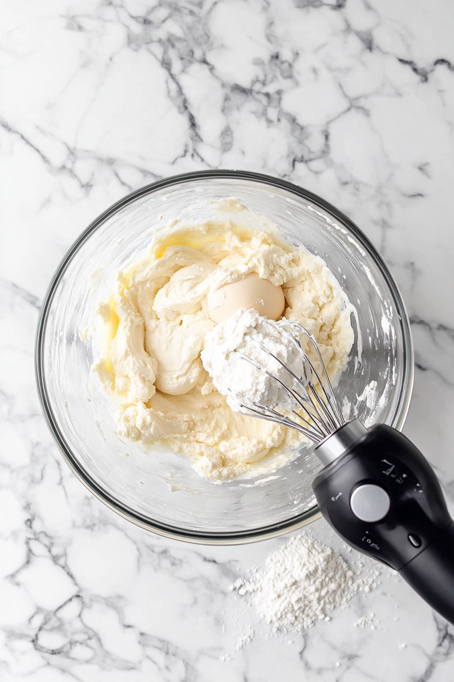 This image shows sugar, egg, and sour cream being combined in a mixing bowl, forming the soft dough for traditional Kringla cookies.