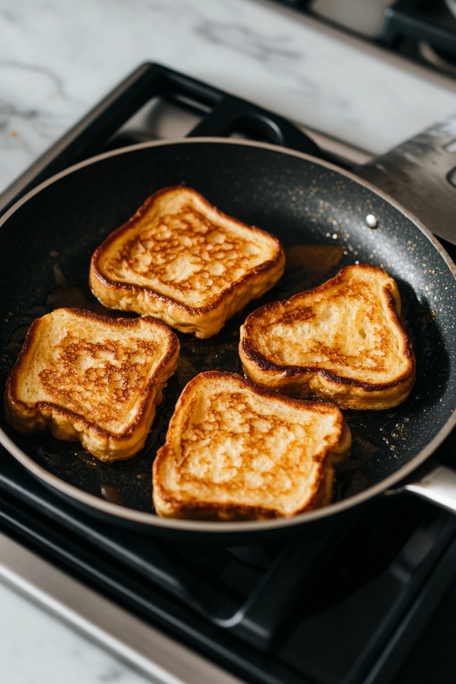 This image shows Nutella French toast being cooked in a non-stick pan, with the bottom side turning golden brown and crispy.