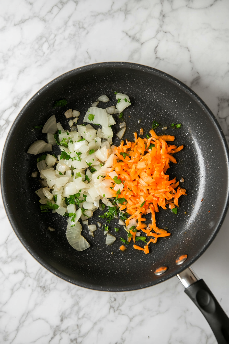 This image shows garlic, onion, and shredded carrot being sautéed in a non-stick pan as the base for the rich tomato sauce used in ratatouille.