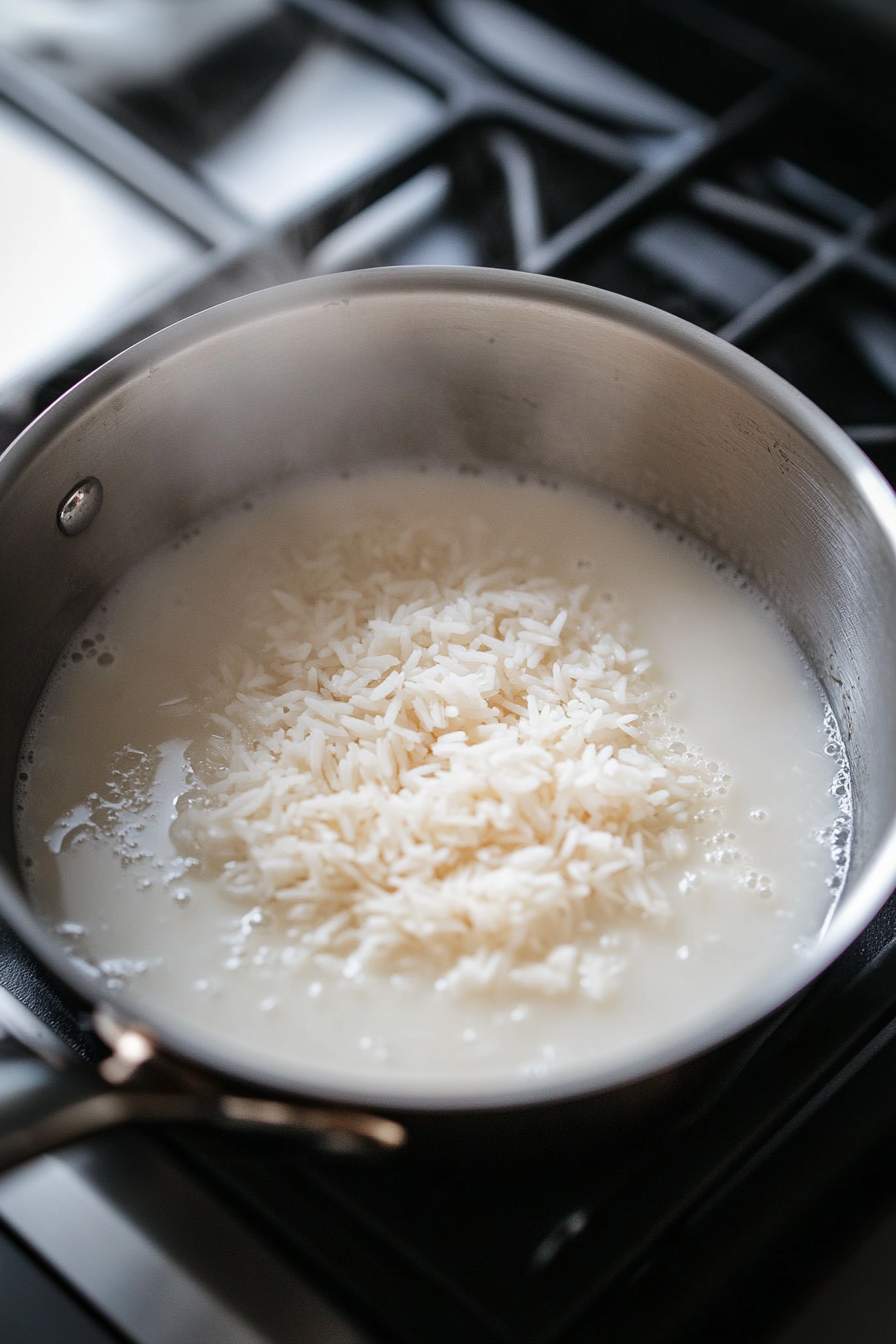 This image shows rice being cooked in a medium saucepan with coconut milk, salt, and pepper on high heat, creating a tender and flavorful base for the crispy rice