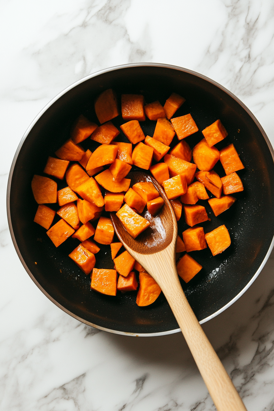 This image shows sweet potato pieces being cooked in a large saucepan until they turn golden, creating the base for the Thai red curry vegetables.