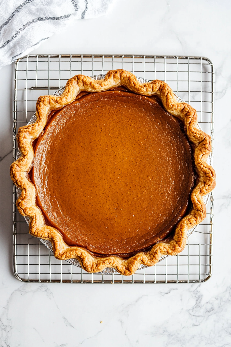 This image shows a freshly baked pumpkin pie cooling on a wire rack, allowing it to set before serving.