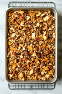 This image shows the baked Texas Trash mixture cooling on a wire rack, allowing it to crisp up and be ready for serving.