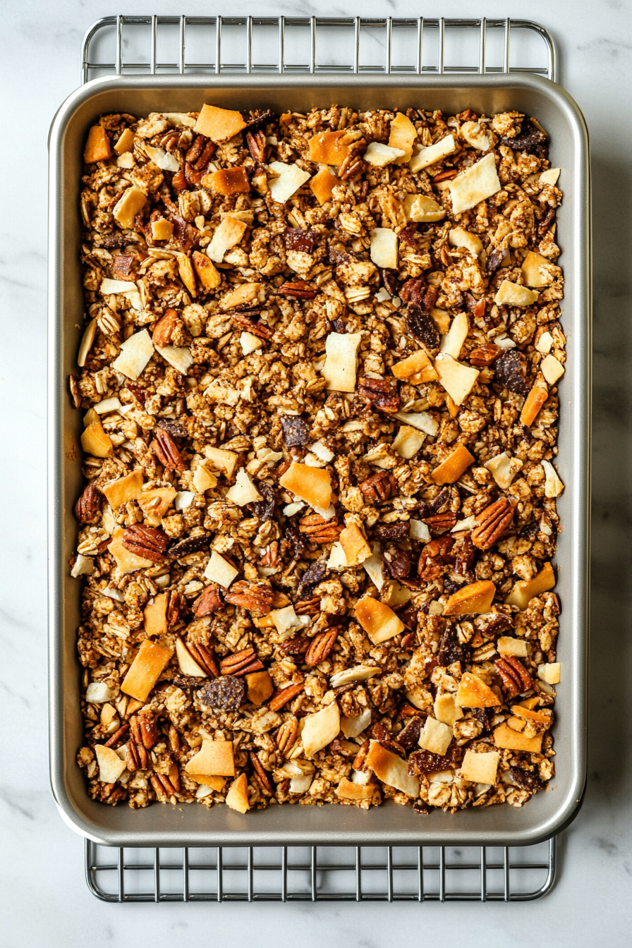 This image shows the baked Texas Trash mixture cooling on a wire rack, allowing it to crisp up and be ready for serving.