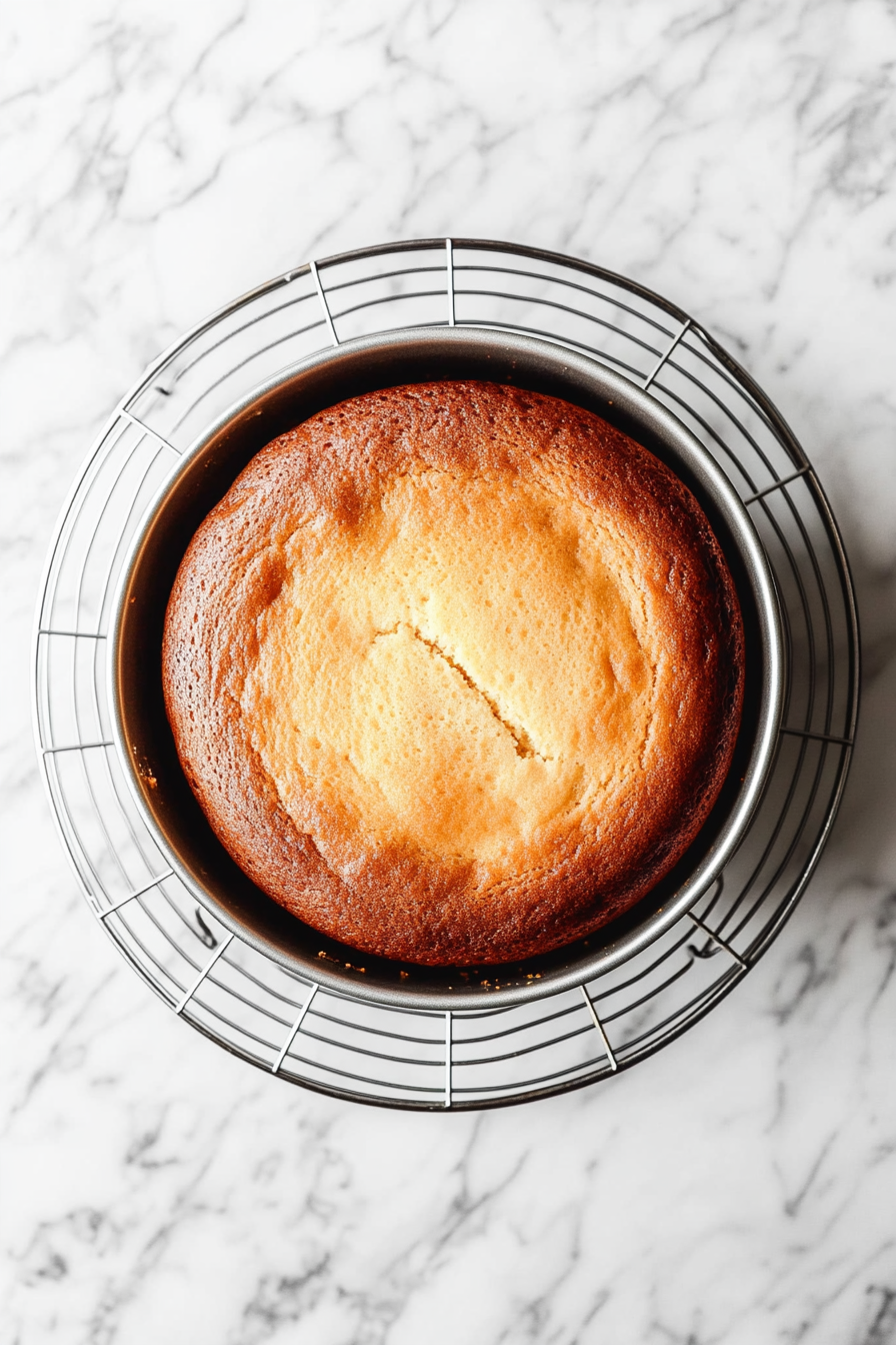 This image shows the freshly baked Nutella cake cooling on a wire rack after being removed from the cake tin, ensuring it cools completely before frosting.