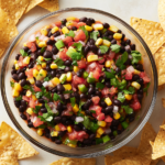 This image features a close-up of cowboy caviar with Rotel tomatoes, black beans, corn, and cilantro, showcasing its colorful and chunky texture.