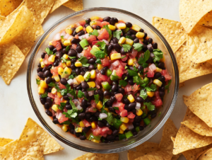 This image features a close-up of cowboy caviar with Rotel tomatoes, black beans, corn, and cilantro, showcasing its colorful and chunky texture.