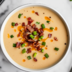 This image shows a warm bowl of beer cheese soup, garnished with crispy bacon and green onions, giving it a rich and savory appearance, perfect for a cozy meal.