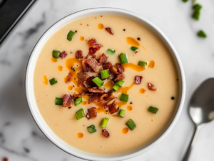 This image shows a warm bowl of beer cheese soup, garnished with crispy bacon and green onions, giving it a rich and savory appearance, perfect for a cozy meal.