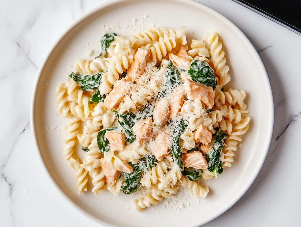 This image shows the Spinach Salmon Pasta dish, featuring creamy pasta tossed with tender flaked salmon, fresh spinach, and a light lemony cream sauce. The dish is beautifully presented and garnished with Parmesan cheese and lemon zest, making it both visually appealing and appetizing.