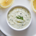 This image shows a close-up of the creamy tartar sauce with visible chopped pickles, capers, and fresh dill, presented in a small bowl, ready to complement any seafood dish.