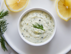 This image shows a close-up of the creamy tartar sauce with visible chopped pickles, capers, and fresh dill, presented in a small bowl, ready to complement any seafood dish.