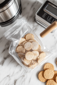 This image shows Nilla Wafer cookies being crushed either in a mini food processor or inside a zip lock bag using a rolling pin to create a fine crumb for the banana cheesecake crust.