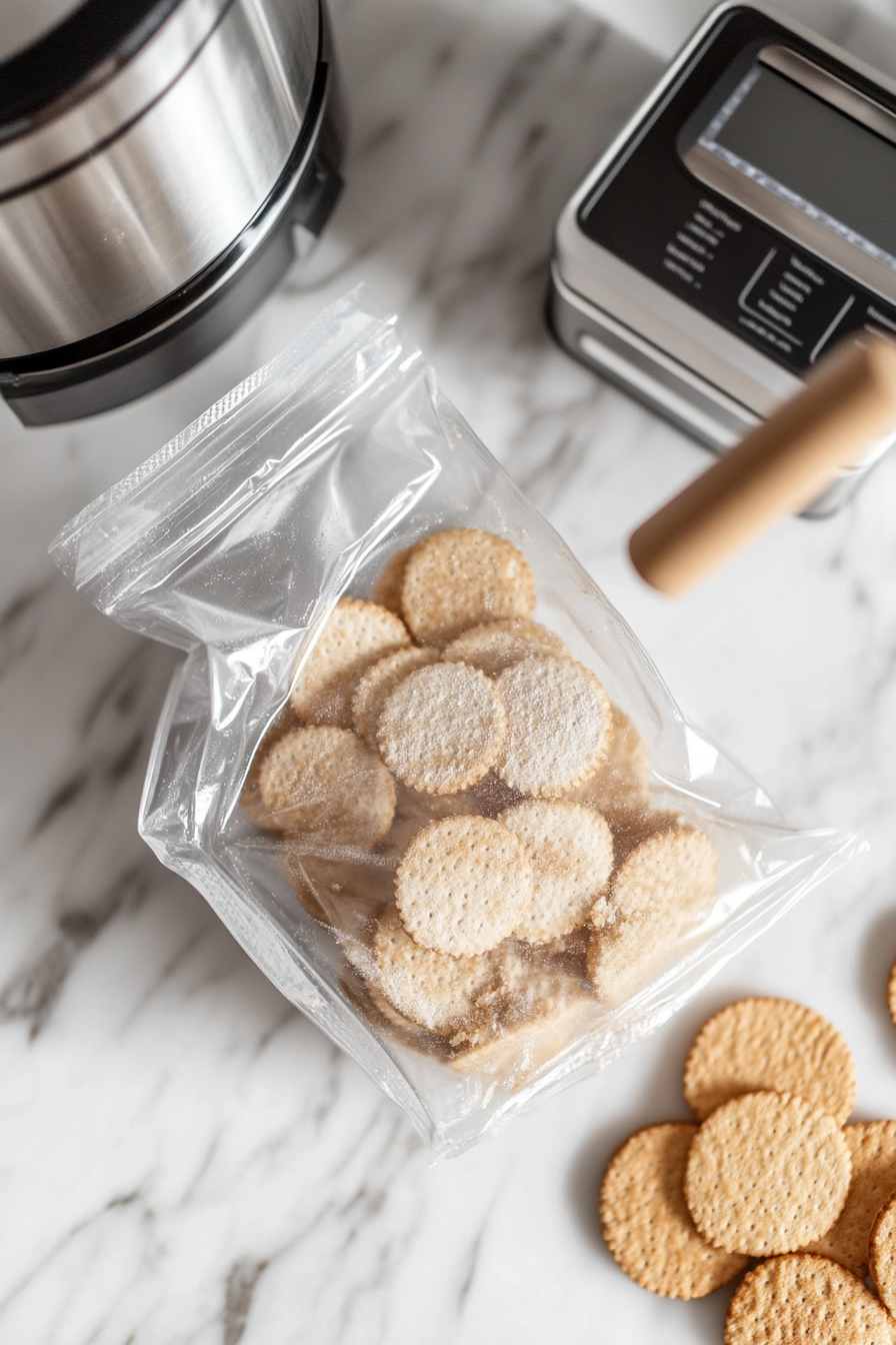 This image shows Nilla Wafer cookies being crushed either in a mini food processor or inside a zip lock bag using a rolling pin to create a fine crumb for the banana cheesecake crust.