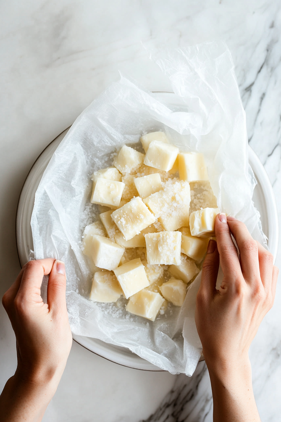 This image shows the final step of cutting the drained curd slabs into smaller cubes and tossing them with kosher salt, creating the tangy, squeaky cheese curds ready for snacking or adding to dishes.