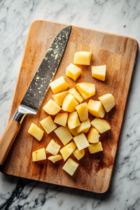 This image shows diced russet potatoes being cut into half-inch cubes on a cutting board using a sharp knife, preparing them for boiling and frying.