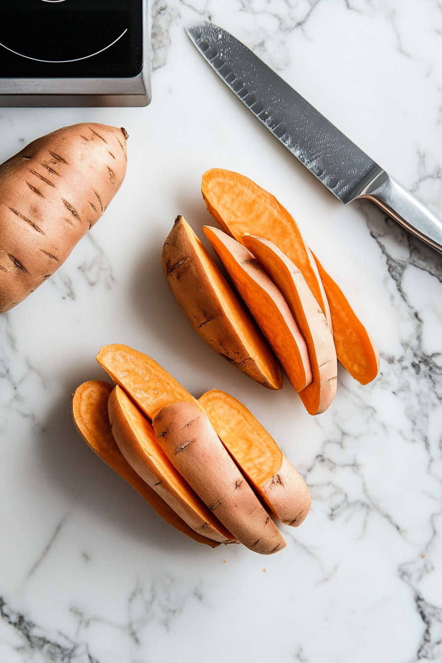 This image shows sweet potatoes being sliced into fry shapes on a chopping board, preparing them for seasoning and baking.