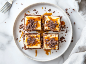 This image shows a close-up of decadent Slutty Cheesecake Bars, featuring a rich chocolate chip cookie base, creamy cheesecake layer, and crunchy Oreos on top, with a drizzle of caramel sauce for an indulgent finish.