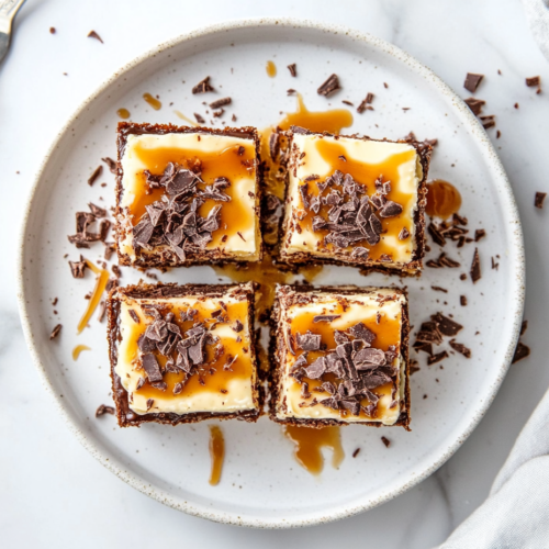 This image shows a close-up of decadent Slutty Cheesecake Bars, featuring a rich chocolate chip cookie base, creamy cheesecake layer, and crunchy Oreos on top, with a drizzle of caramel sauce for an indulgent finish.