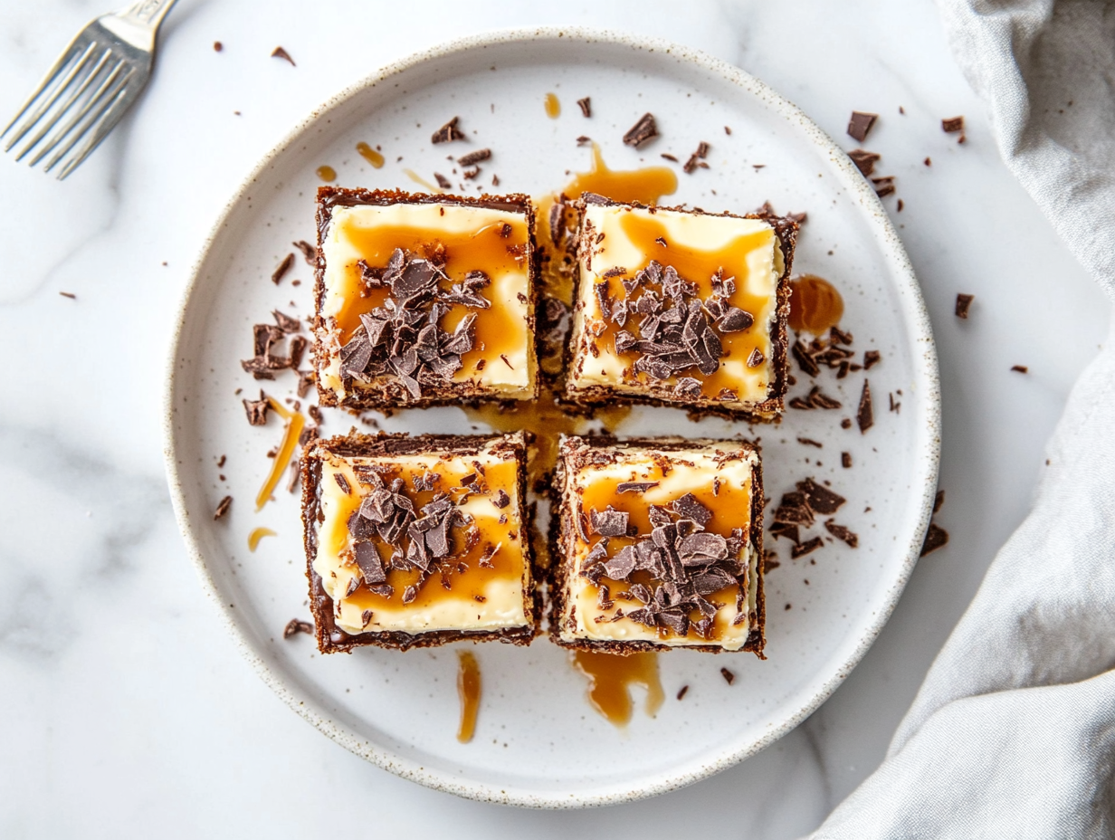 This image shows a close-up of decadent Slutty Cheesecake Bars, featuring a rich chocolate chip cookie base, creamy cheesecake layer, and crunchy Oreos on top, with a drizzle of caramel sauce for an indulgent finish.