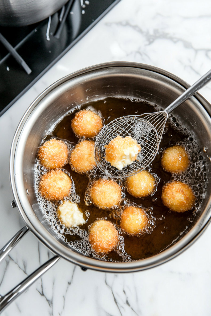 This image shows the breaded cheese balls being fried in hot oil until they achieve a golden brown and crispy exterior, indicating they are nearly ready to serve.