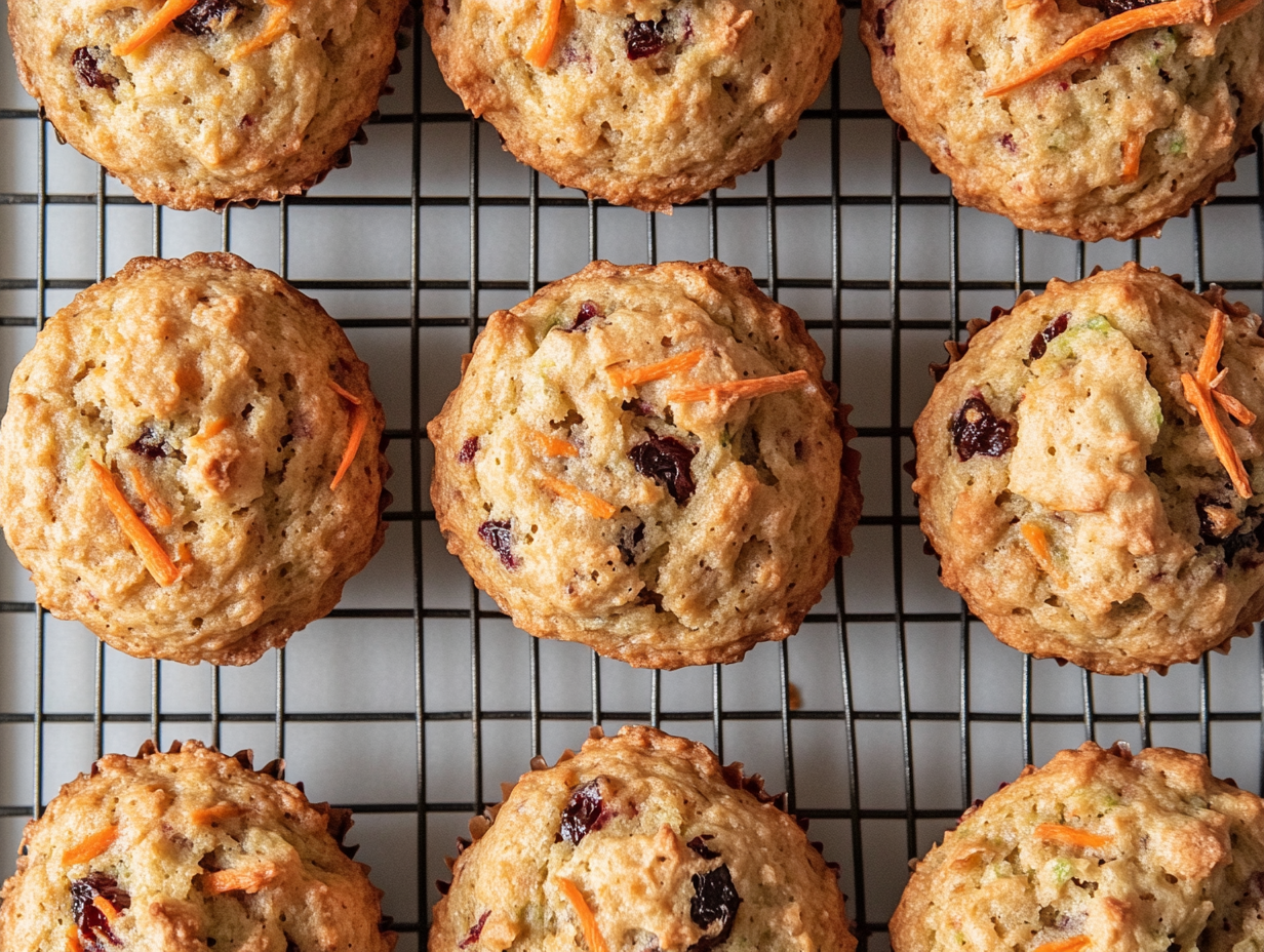 This image shows a plate of delicious and moist breakfast muffins, packed with wholesome ingredients like carrots, zucchini, banana, and dried cherries, perfect for a healthy start to the day.