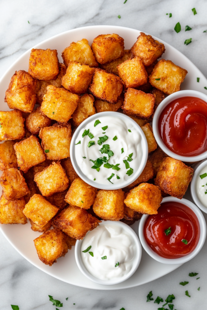 This image shows a delicious plate of cubed hashbrowns served hot, displaying the perfect crispiness and seasoning, ready to enjoy as a hearty breakfast option.