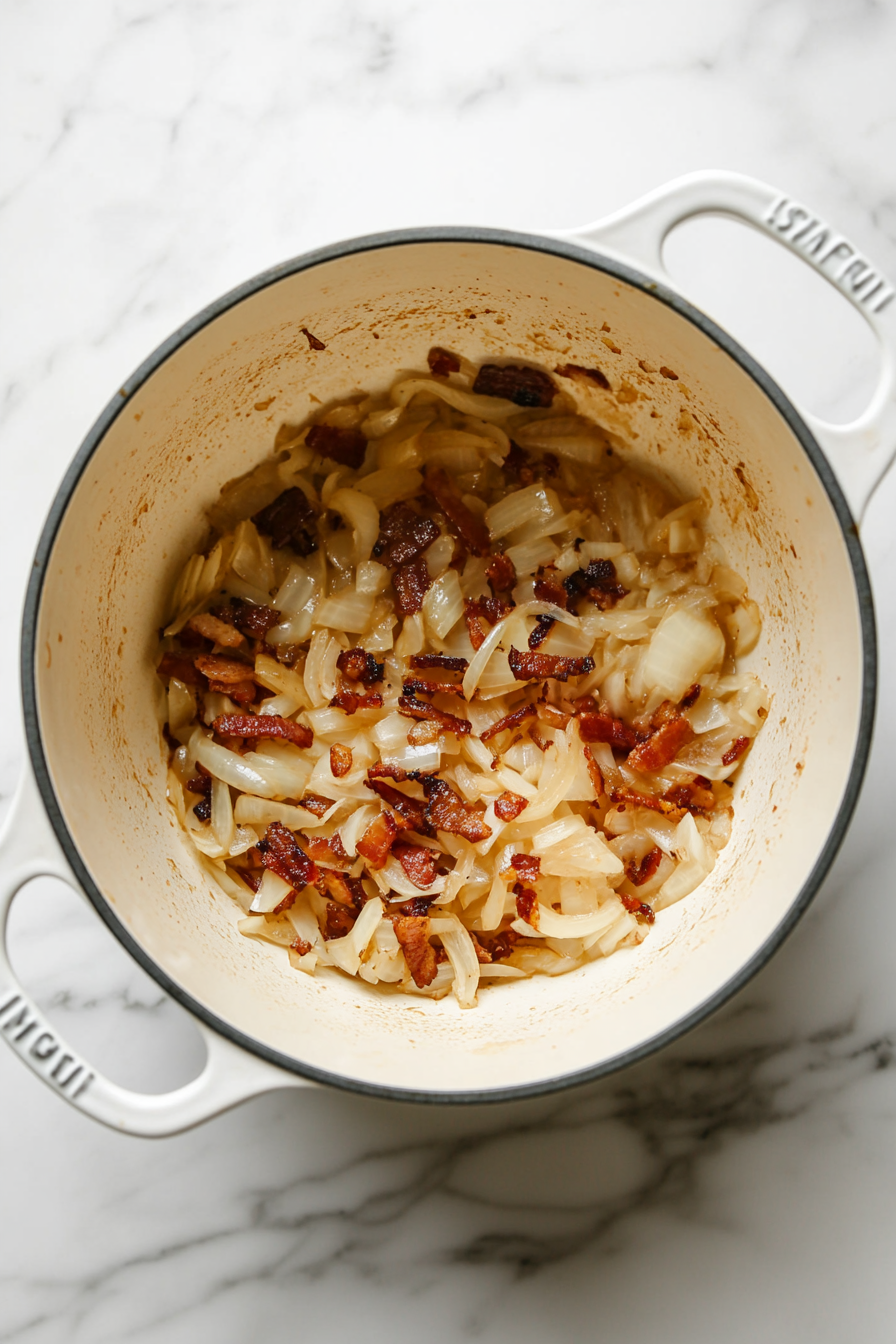 This image shows diced yellow onions slowly cooking in the reserved bacon drippings, beginning to turn golden brown as they caramelize for the soup base.