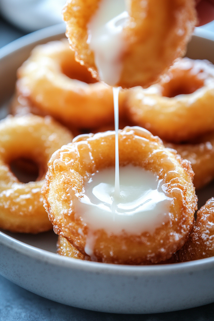 dipping warm fried crullers into a smooth vanilla glaze for a sweet and glossy finish