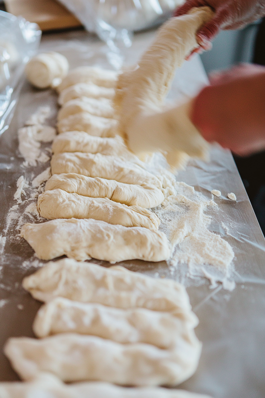 This image shows the pretzel dough being divided into equal portions and shaped into smooth balls, preparing the dough for the next step in creating pizza pretzels.