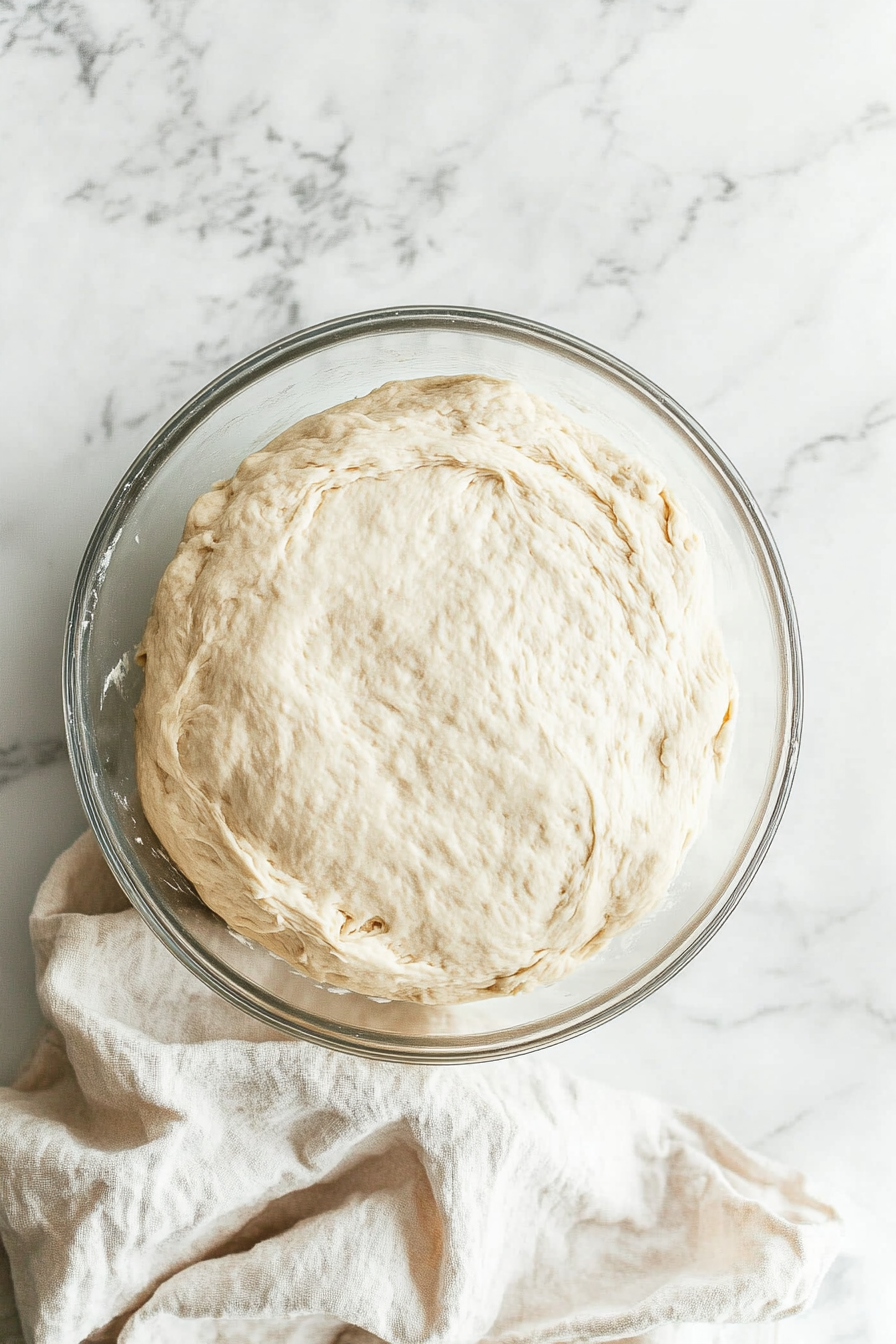 This image shows bread dough placed in a large bowl and covered with a damp tea towel, allowing it to rise in a warm spot until it doubles in size.