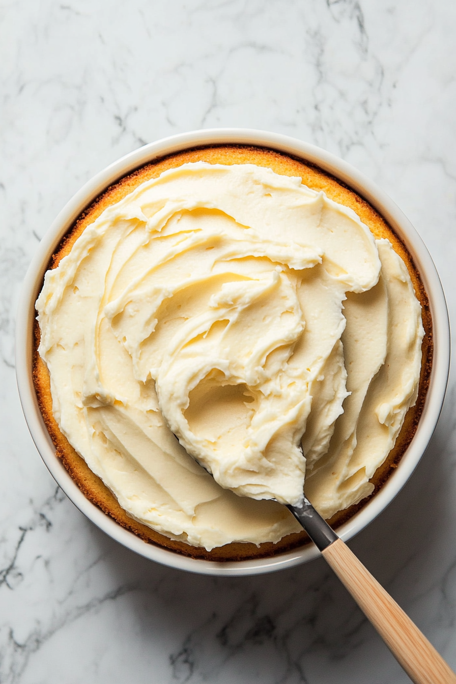 This image shows the cream cheese frosting being drizzled over the peach cake, with the frosting cascading down the sides for a beautiful finish.