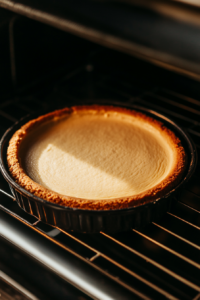 This image shows the vegan cheesecake baking in the oven, with the edges of the crust turning golden brown as the cheesecake sets in the center.