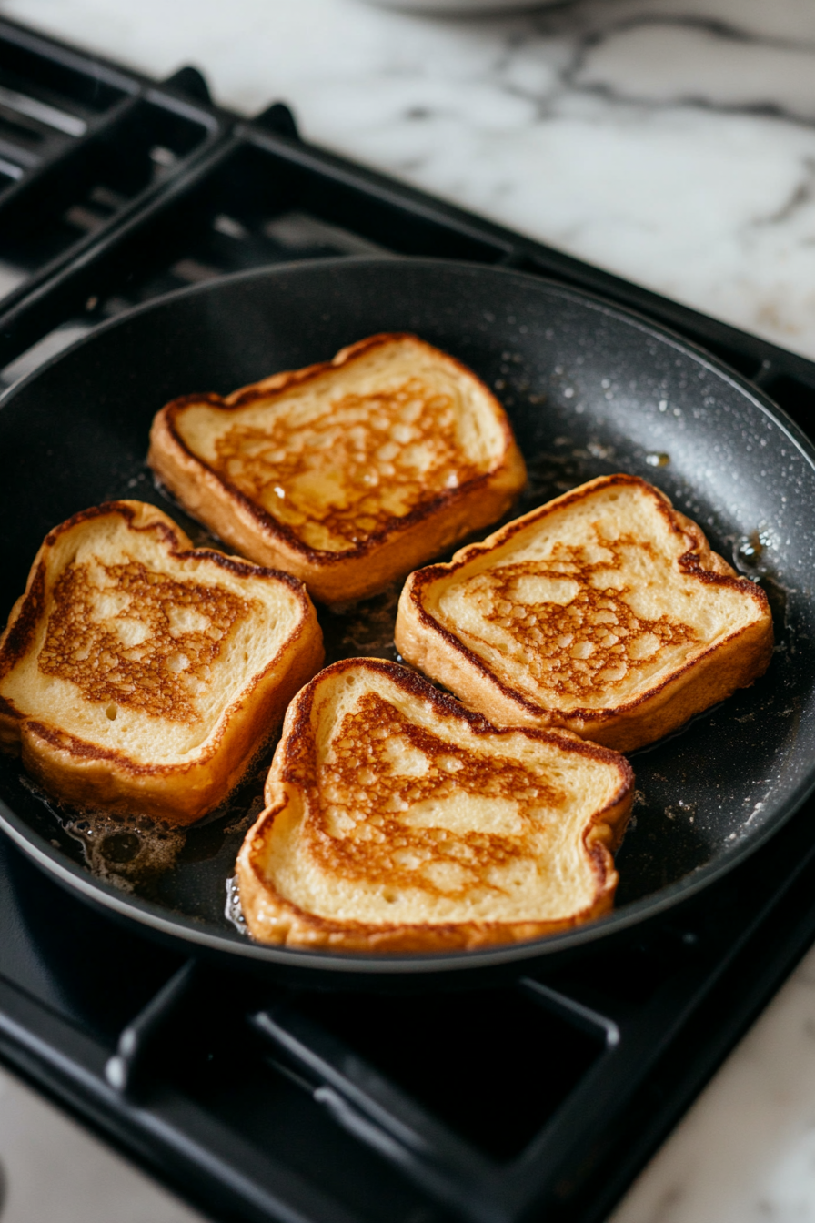 This image shows the Nutella French toast being flipped in the pan, cooking the other side until it is evenly golden brown and perfectly crispy.