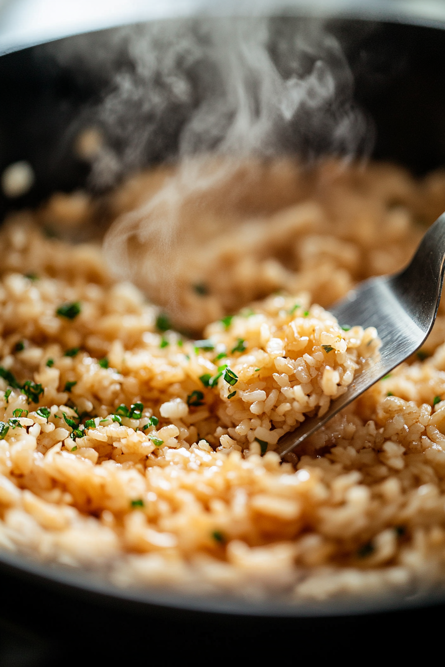 This image shows the crispy rice being flipped in the skillet using a heavy-duty metal spatula, browning the other side to a perfect golden crisp.