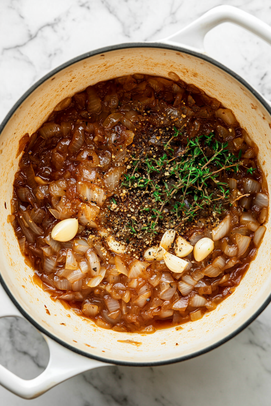 This image shows flour being sprinkled over the caramelized onions and garlic, then cooked to form a roux that will thicken the beer cheese soup.