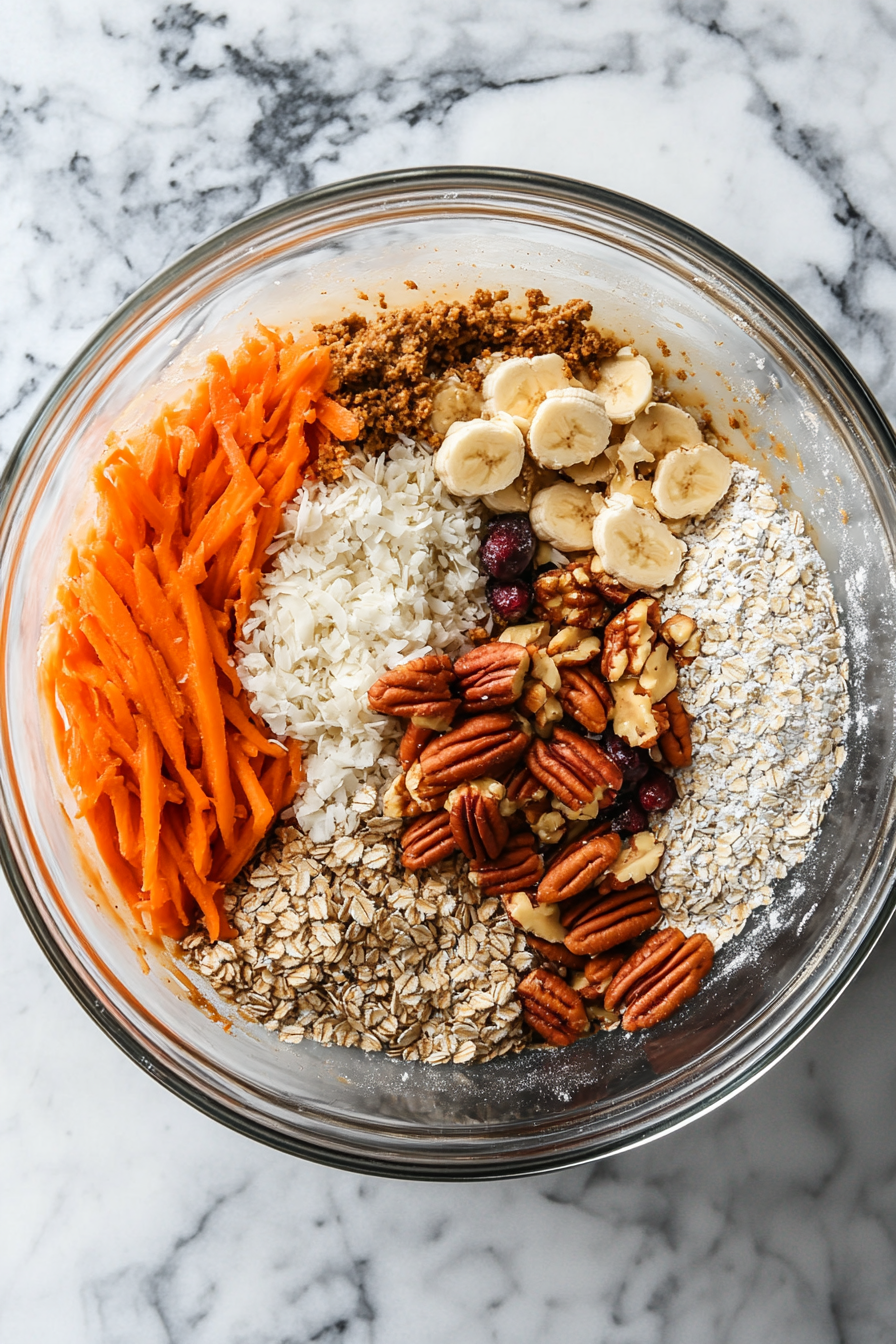 This image shows the wet mixture of bananas, carrots, and zucchini being carefully folded into the dry flour mixture, forming the muffin batter.